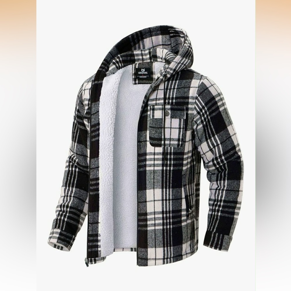 Sherpa-Lined Plaid Hooded Jacket - Black & White